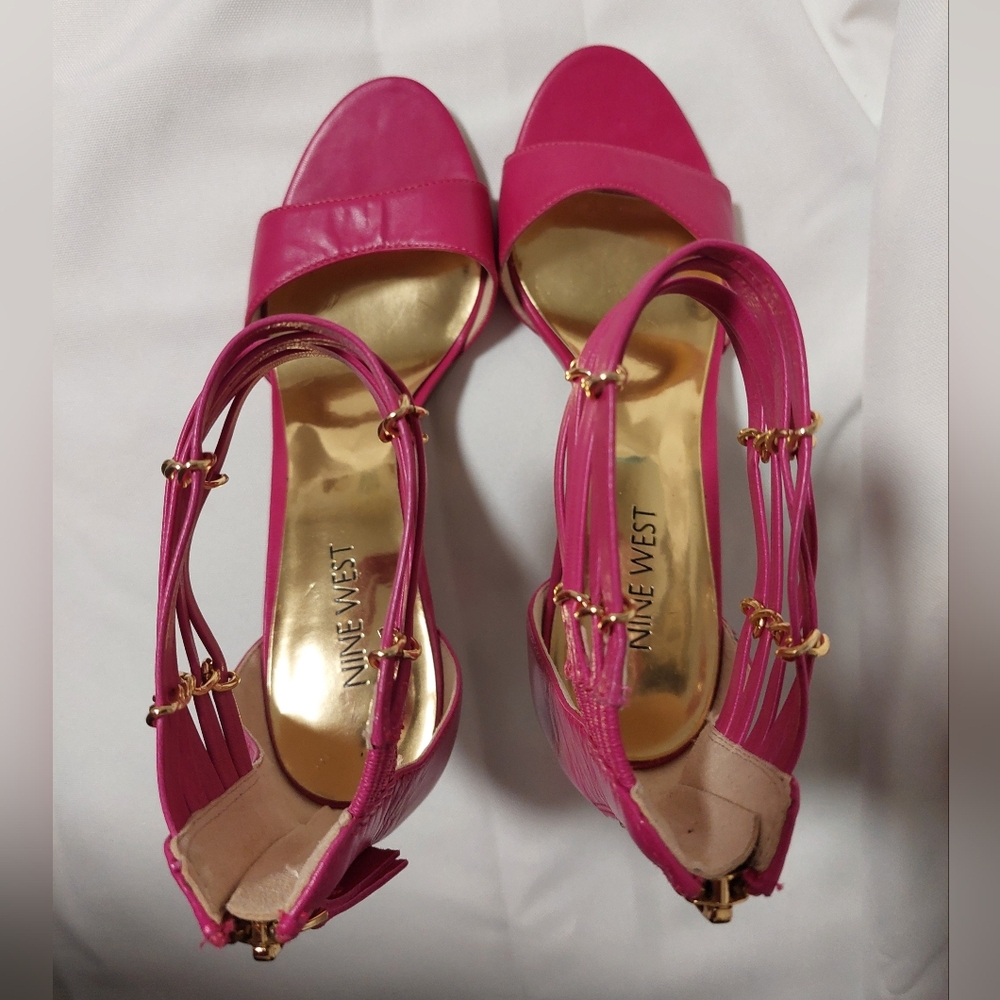 Nine West Hot Pink Strappy Open-Toe Heels with Gold Accents